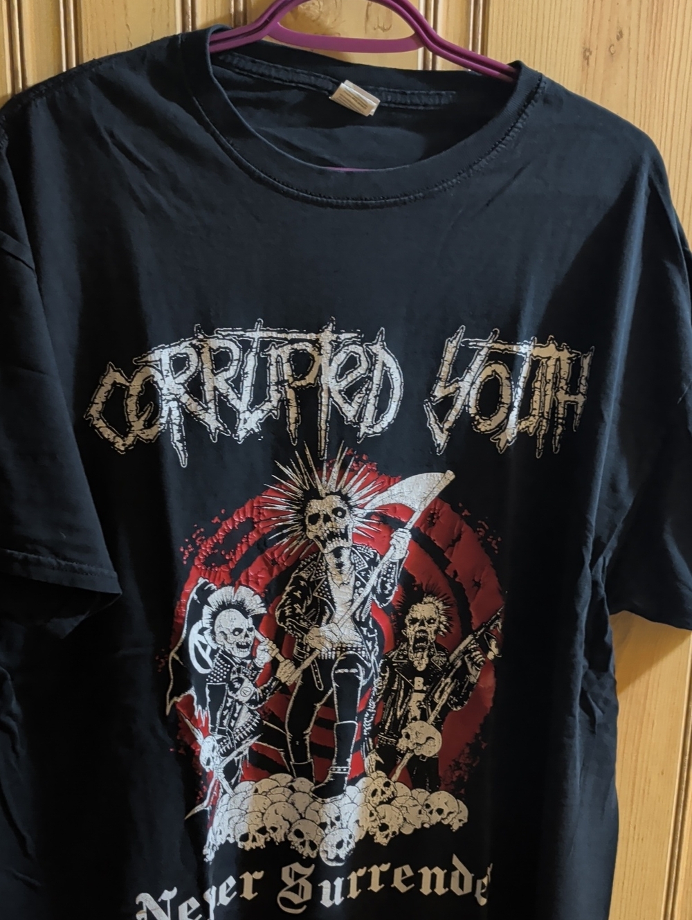 Fruit of the Loom Black Corrupted Youth Graphic Tee with Red and White Print